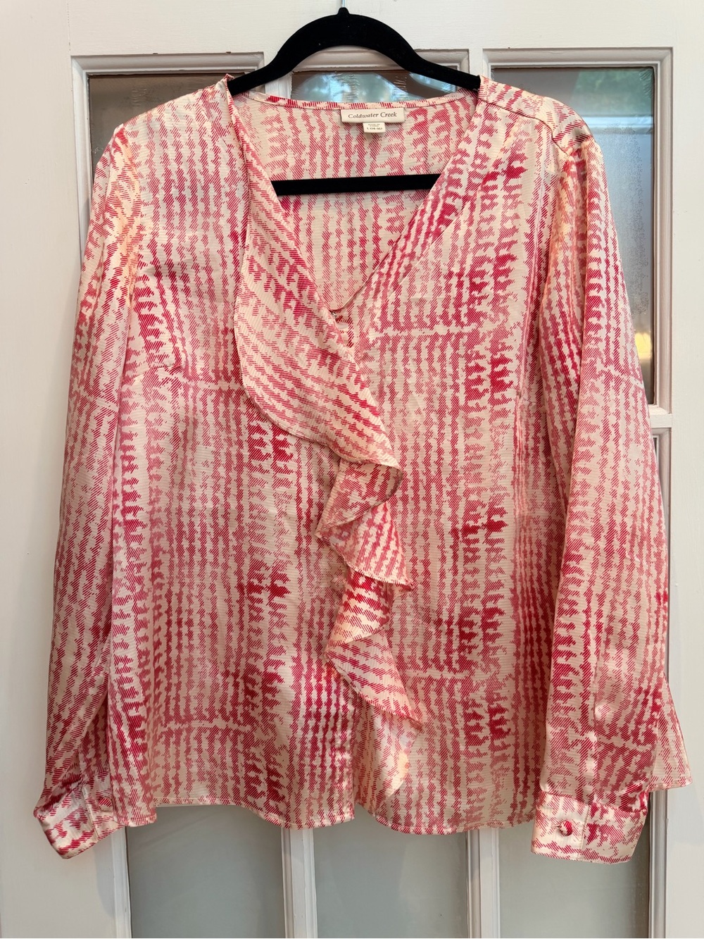 Coldwater Creek Pink Cream Romantic Feminine Ruffle V-Neck Blouse Size Large L